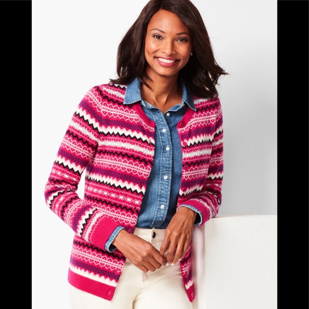 TALBOTS | Pink Fair Isle Nordic Cardigan Sweater